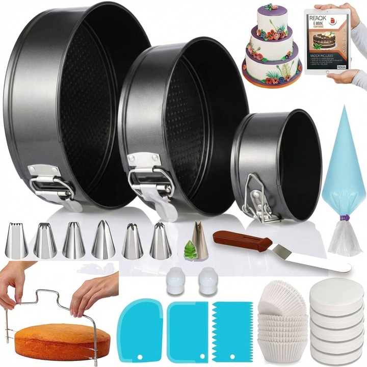 Set de 100 Piese pentru Copt Torturi, Accesorii pentru Decorarea Prajiturilor, Set de 3 Tavi cu Inel Detasabil Antiaderente, Duze pentru Glazura, Nivelator pentru Tort, Forme Multifunctionale Anti-Scurgere pentru Cheesecake