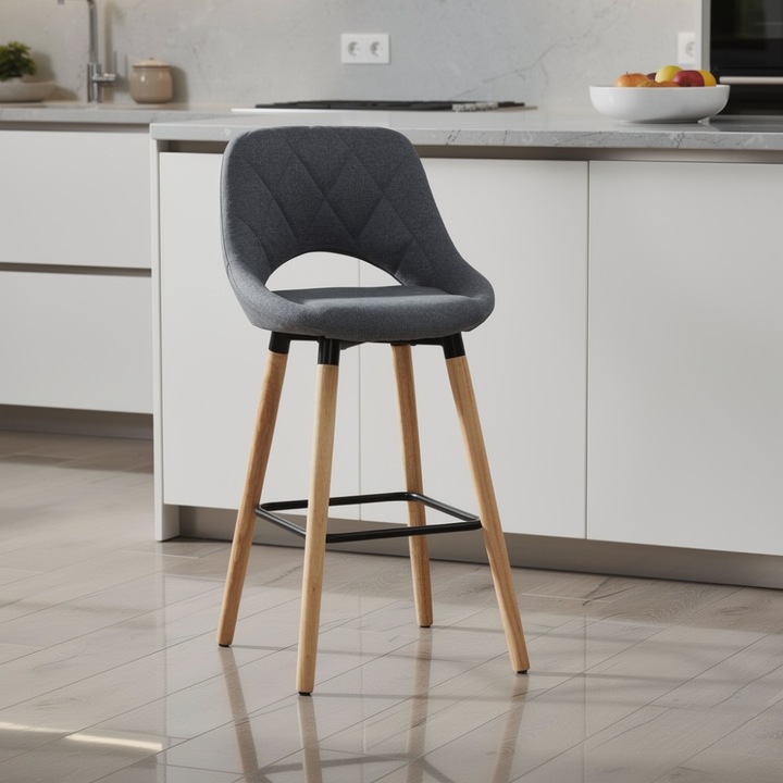 KD Home® BarLuxe Nova Prémium Magas Bárszék, Háttámlás, Fa Lábakkal, Kerek, Kárpitozott, Fém Erősítéssel, 47 x 47 x 70 cm, Fa/Textil, Szivacs, Konyhába vagy Nappaliba, Szürke