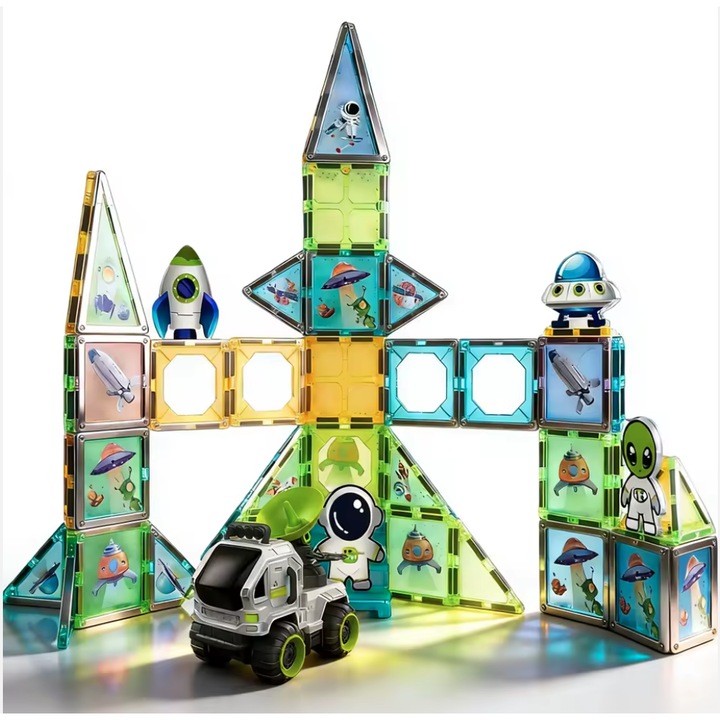 Set de Constructie Educational cu 96 de Elemente Magnetice, Piese Colorate, Vehicul Spatial 3 in 1, Sigur pentru Copii