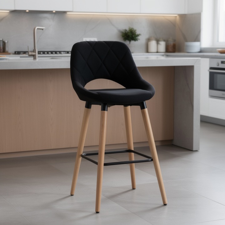 KD Home® BarLuxe Nova Prémium Magas Bárszék, Háttámlás, Fa Lábak, Kerek, Kárpitozott, Fém Erősítés, 47 x 47 x 70 cm, Fa/Textil, Szivacs, Konyhába vagy Nappaliba, Fekete