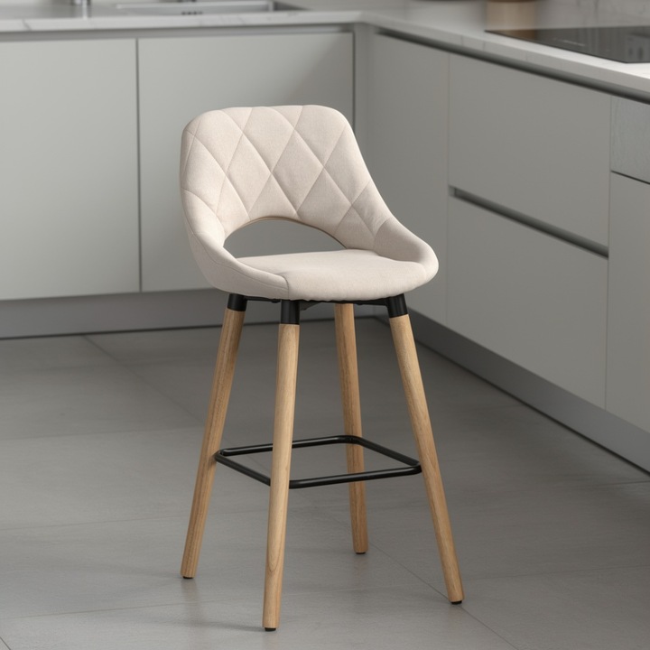 KD Home® BarLuxe Nova Prémium Magas Bárszék, Háttámlás, Fa Lábakkal, Kerek, Kárpitozott, Fém Erősítésű, 47 x 47 x 70 cm, Fa/Textil, Szivacs, Konyhába vagy Nappaliba, Krém