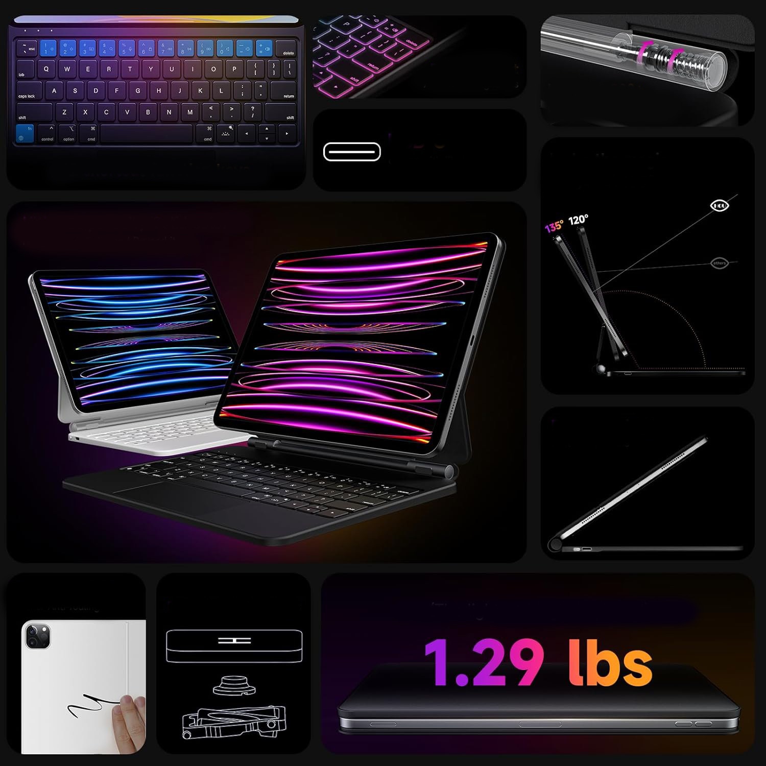 Husa cu tastatura iluminata pentru iPad Air 11 si Pro 11, 500 mAh, 7 culori, 0.57" grosime, negru