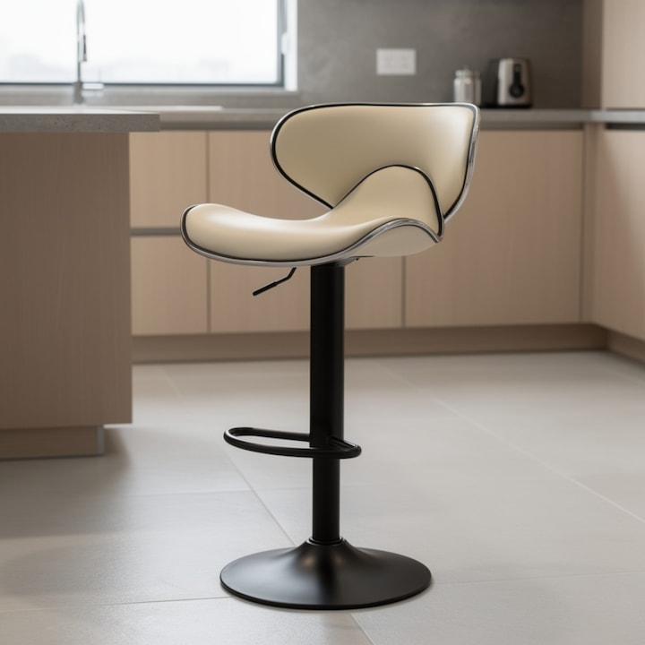 Scaun de Bar Inalt Cu Spatar KD Home® Sky Vintage, Rotativ, Sezut Adanc si Lat, Margine Metalica, Picior din Metal, Piele Ecologica, Inaltime Reglabila 60-80 cm, Baza Cromata, Suport Picioare Fix, Pentru Bucatarie sau Living, Crem