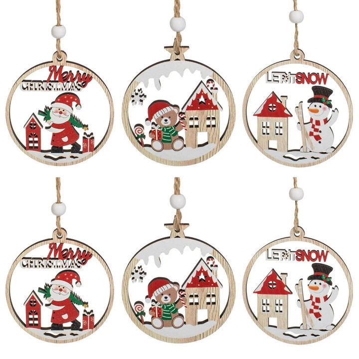 Set Ornamente Brad de Craciun din Lemn Mos Craciun Ursulet Om de Zapada Ø8cm - 6buc