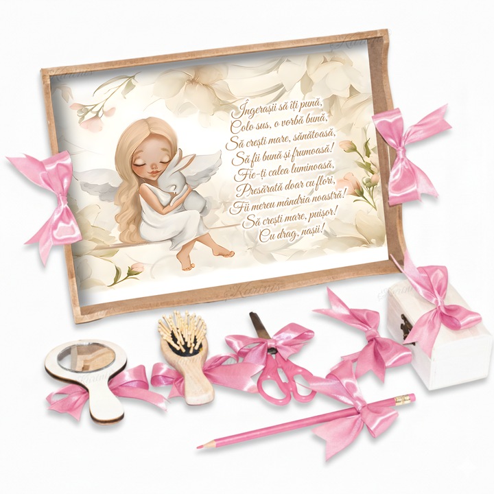 Set Tava pentru Taiere Mot si Rupere Turta Complet cu Accesorii Karinis pentru fete, 7 Piese, Tavita Mot, Model Model Ingeras, 32x24 cm, Prima Aniversare Un An, Cadou Un An, Roz