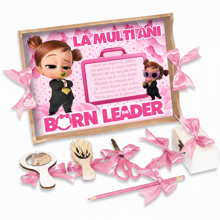 Set Tava pentru Taiere Mot si Rupere Turta Complet cu Accesorii Karinis pentru fete, 7 Piese, Tavita Mot, Model Model Baby Boss Girl, 32x24 cm, Prima Aniversare Un An, Cadou Un An, Roz