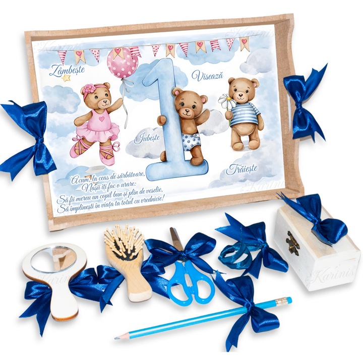 Set Tava pentru Taiere Mot si Rupere Turta Complet cu Accesorii Karinis pentru baieti, 7 Piese, Tavita Mot, Model Model Urs, 32x24 cm, Prima Aniversare Un An, Cadou Un An, Albastru