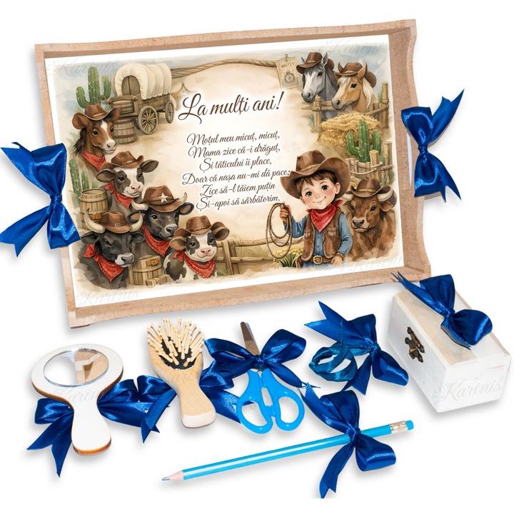 Set Tava pentru Taiere Mot si Rupere Turta Complet cu Accesorii Karinis pentru baieti, 7 Piese, Tavita Mot, Model Model Wild West Cowboy, 32x24 cm, Prima Aniversare Un An, Cadou Un An, Albastru