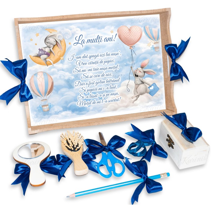 Set Tava pentru Taiere Mot si Rupere Turta Complet cu Accesorii Karinis pentru baieti, 7 Piese, Tavita Mot, Model Model Iepuras cu Baloane, 32x24 cm, Prima Aniversare Un An, Cadou Un An, Albastru