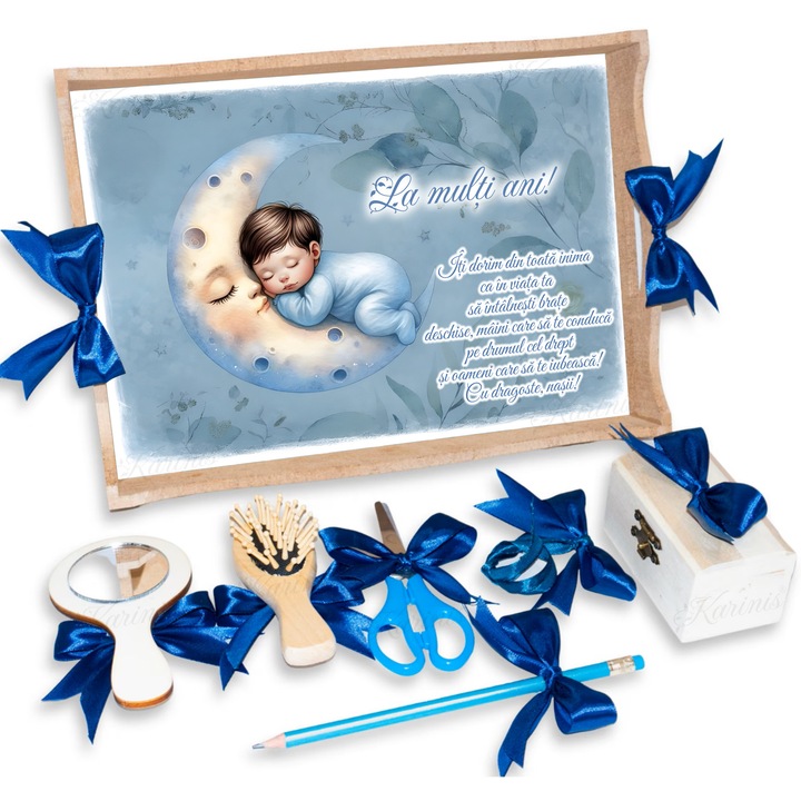 Set Tava pentru Taiere Mot si Rupere Turta Complet cu Accesorii Karinis pentru baieti, 7 Piese, Tavita Mot, Model Model Luna Bebe, 32x24 cm, Prima Aniversare Un An, Cadou Un An, Albastru