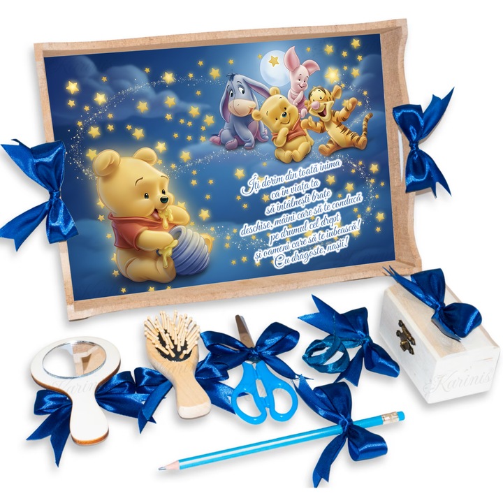 Set Tava pentru Taiere Mot si Rupere Turta Complet cu Accesorii Karinis pentru baieti, 7 Piese, Tavita Mot, Model Model Winnie The Pooh, 32x24 cm, Prima Aniversare Un An, Cadou Un An, Albastru