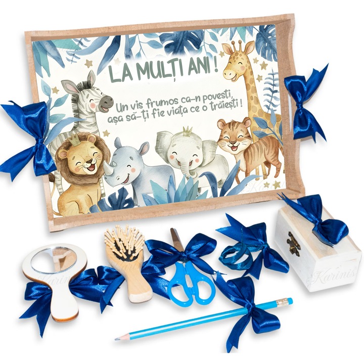 Set Tava pentru Taiere Mot si Rupere Turta Complet cu Accesorii Karinis pentru baieti, 7 Piese, Tavita Mot, Model Model Prietenii din Safari, 32x24 cm, Prima Aniversare Un An, Cadou Un An, Albastru