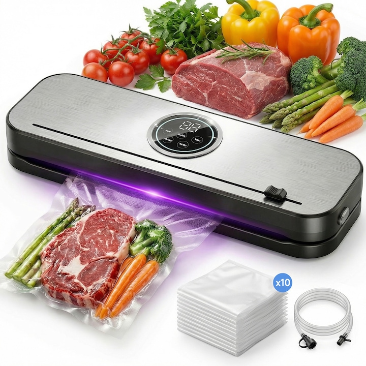 Aparat de Vidat si Sigilat Alimente, Putere 120W, Bara de lipire de 30cm, Latime lipire 6mm, Cutter, Tub de Vidare, Sterilizare cu lumina ultravioleta,10x Pungi incluse si Extra Garnituri, Negru Gri