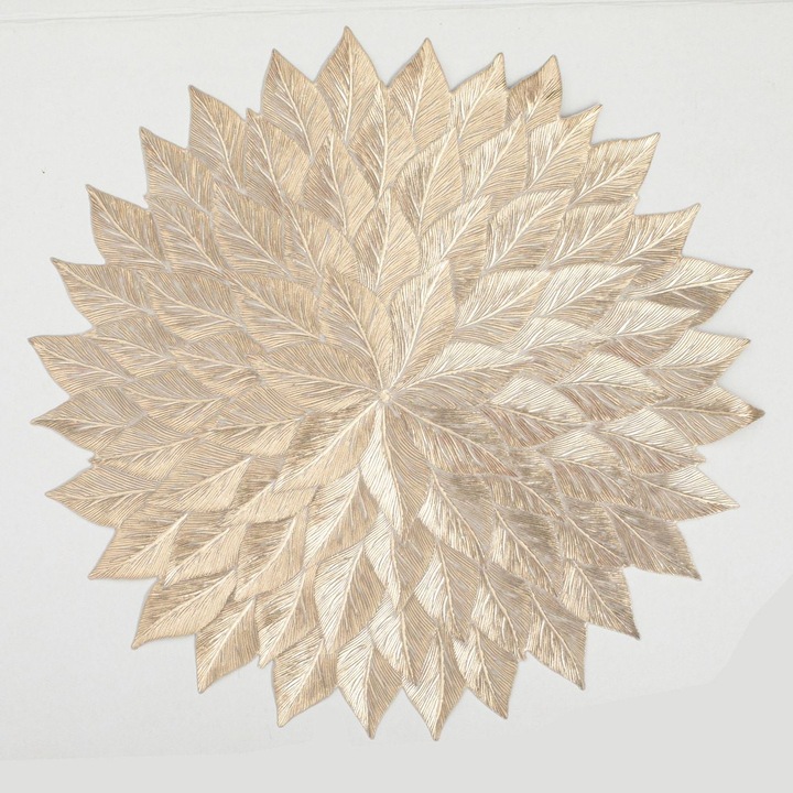 Suport Farfurie de Craciun Rotund Sampaniu cu Model Frunzulite Reliefate Ø36cm