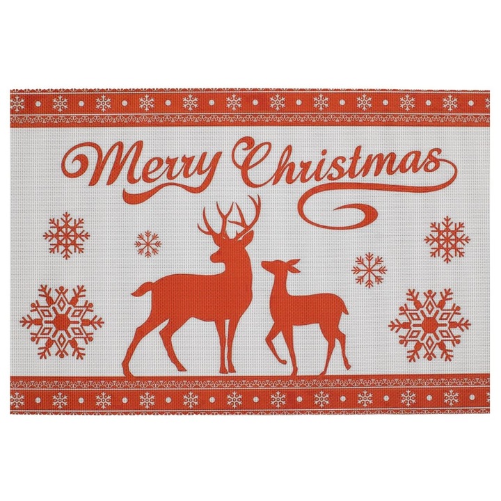 Suport Farfurii de Craciun Alb Rosu cu Model Ren "Merry Christmas" 45x30cm