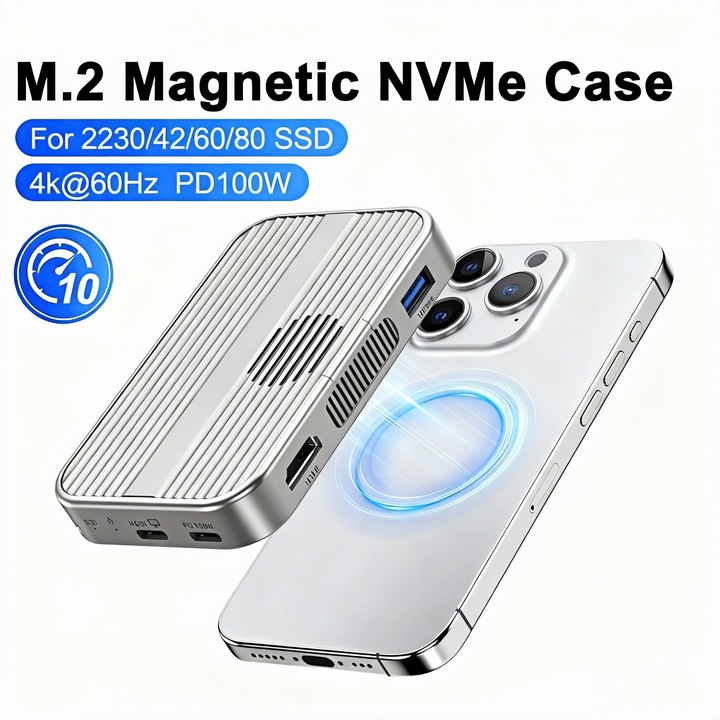 USB-C dokkoló hub 6 az 1-ben, MOSMAOO®, beépített hordozható SSD-vel és mágneses rögzítéssel, közvetlen használatra iPhone 15 16 17 Pro Max készülékeken, 10Gbps, ventilátor, HDMI 4K 60Hz, PD 100W, SD TF kártyahelyek