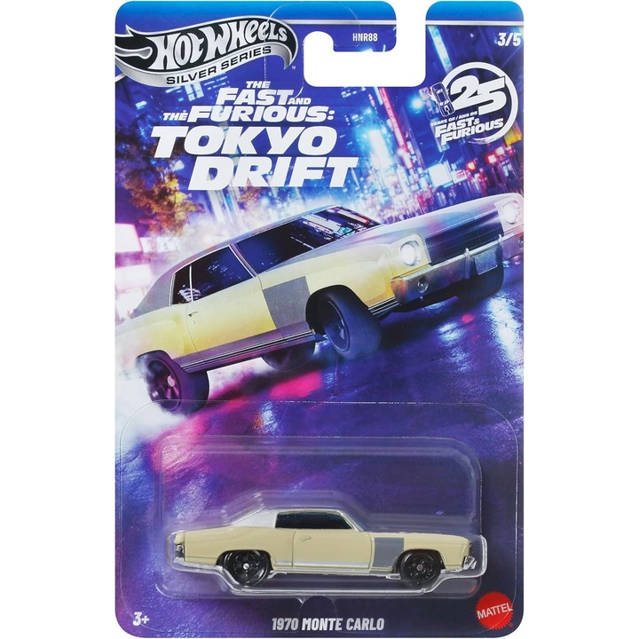 Masinuta metalica Hot Wheels, 1970 Monte Carlo, Tokyo Drift Fast and Furious, JKX07, Silver Series, Galben