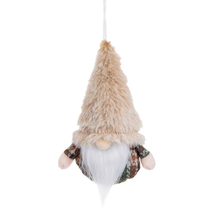 Ornament Brad de Craciun Figurina Gnome cu Caciula cu Blana Artificiala Bej 15cm