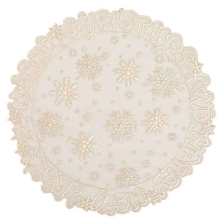 Suport Farfurie Rotund Ecru Sampaniu de Craciun Fulgi & "Merry Christmas"Ø38cm