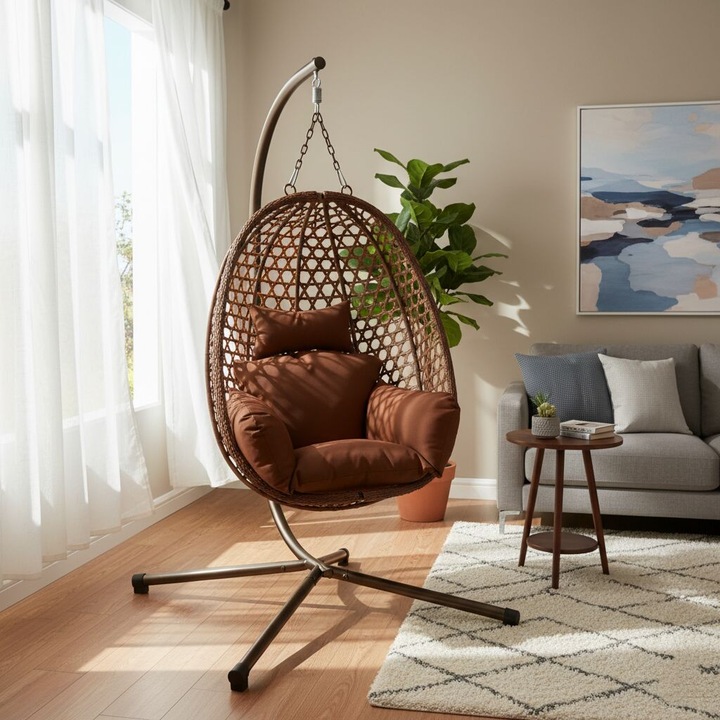 Fotoliu agatat Pepita, maro, 193x91x59cm, cu perne detasabile