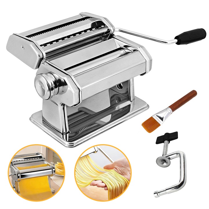 Masina de facut paste, inox, otel inoxidabil material,7 setari grosime, Cu Reglaj Grosime 0.2-0.65 cm, argintie, 19.5x20x15.5cm