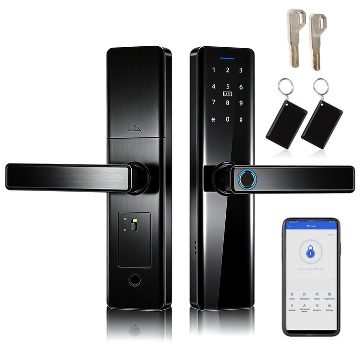 Yala Inteligenta cu Amprenta, Hompany, Alarma Efractie, 5 Modalitati Deblocare, Acces prin Aplicatie, Card, Amprenta, Parola, Cheie, Alimentare 4 Baterii AA, pentru Apartament, Dormitor, Hotel, Birou, Depozit, Negru