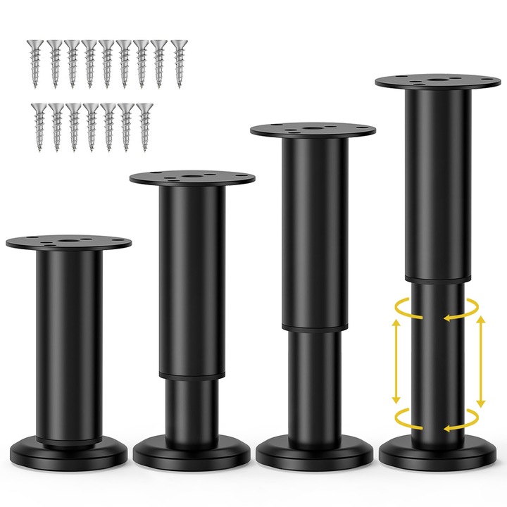 Set 4 Picioare Canapea Mobila, 6.2x4.7x(18-30)cm, Design anti-alunecare, Baza din cauciuc, Cu suruburi de fixare, Sarcina portanta 450kg, Pentru pat, Dulap, Masa, Negru