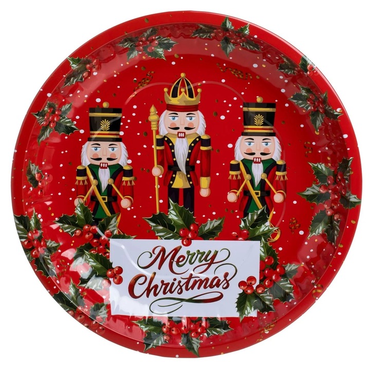 Farfurie Metalica Decorativa de Craciun Rosie cu Model Soldat de Lemn Ø26cm