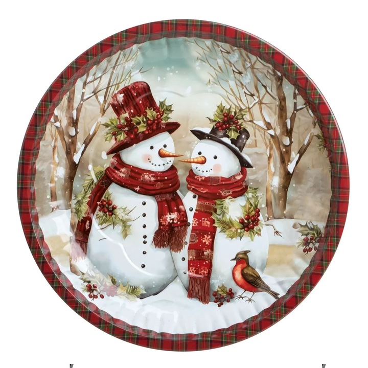 Farfurie Metalica de Craciun Rosie in Carouri cu Model Om de Zapada Ø26cm