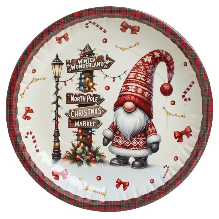 Farfurie Decorativa de Craciun Metalica Ecru cu Model Carouri & Gnome Ø26cm