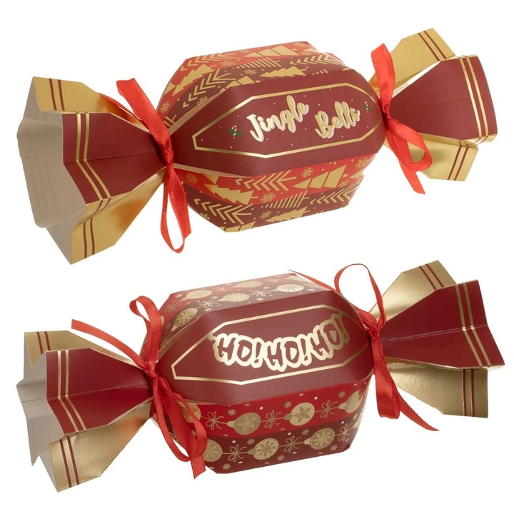 Cutii pentru Dulciuri de Craciun in Forma de Bomboana Bordo Aurie cu Mesaje & Panglici 15x9, 5cm - 2buc