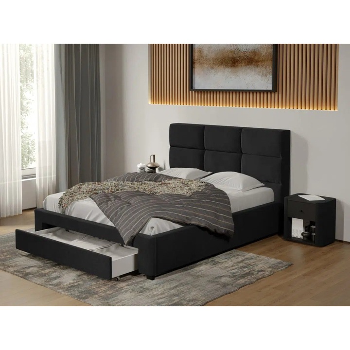 Pat tapitat Cico cu Sertar, 170x114, din piele/stofa, C1, Negru/Falcone 14