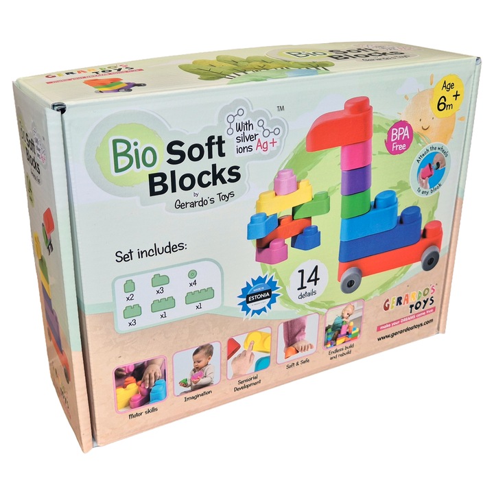 Set de Constructie cuburi moi cu roti Gerardo’s Toys 14 piese – jucarie senzoriala educativa soft pentru bebelusi si copii 6+ luni | cuburi senzoriale, motricitate, constructii sigure, multicolor, material antibacterian moale si sigur