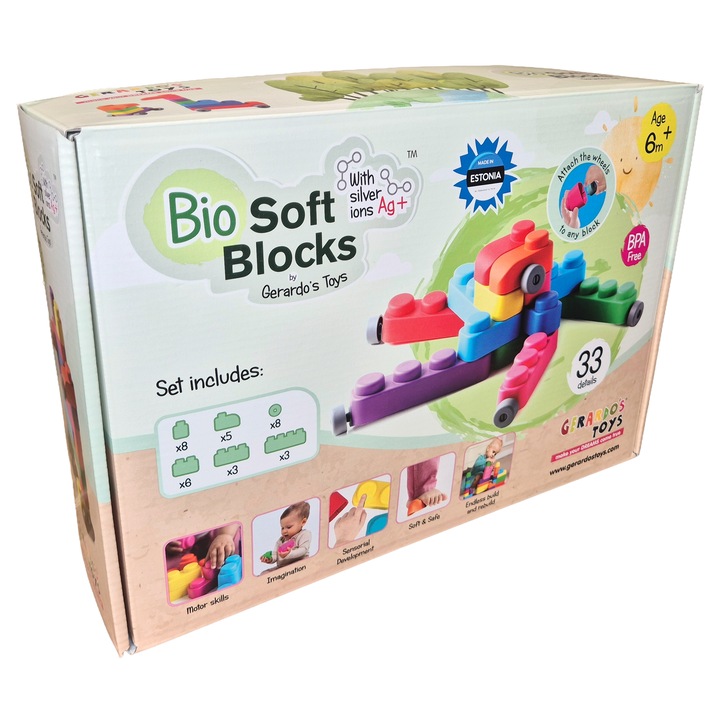 Set de Constructie cuburi moi cu roti Gerardo’s Toys 33 piese – jucarie senzoriala educativa soft pentru bebelusi si copii 6+ luni | cuburi senzoriale, motricitate, constructii sigure, multicolor, material antibacterian moale si sigur