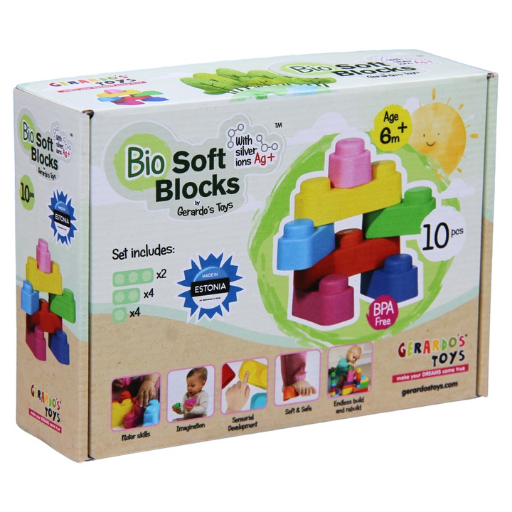 Set de constructie cuburi moi Gerardo’s Toys 10 piese – jucarie educativa senzoriala soft pentru bebelusi 6+ luni | cuburi constructie sigure, motricitate, material antibacterian