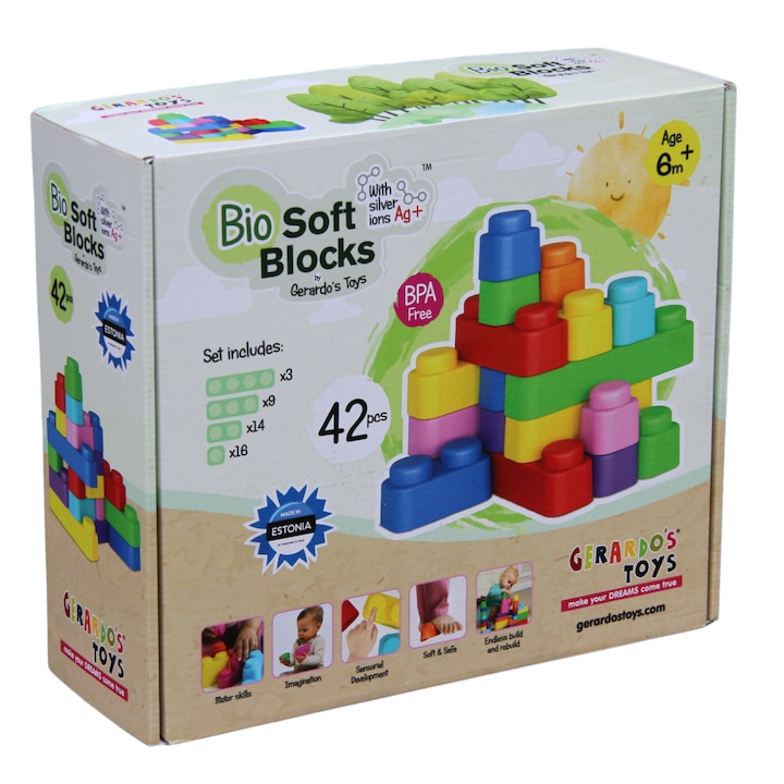 Set de constructie cuburi moi Gerardo’s Toys 42 piese – jucarie educativa senzoriala soft pentru bebelusi si copii 6+ luni | blocuri sigure, motricitate, creativitate, material antibacterian