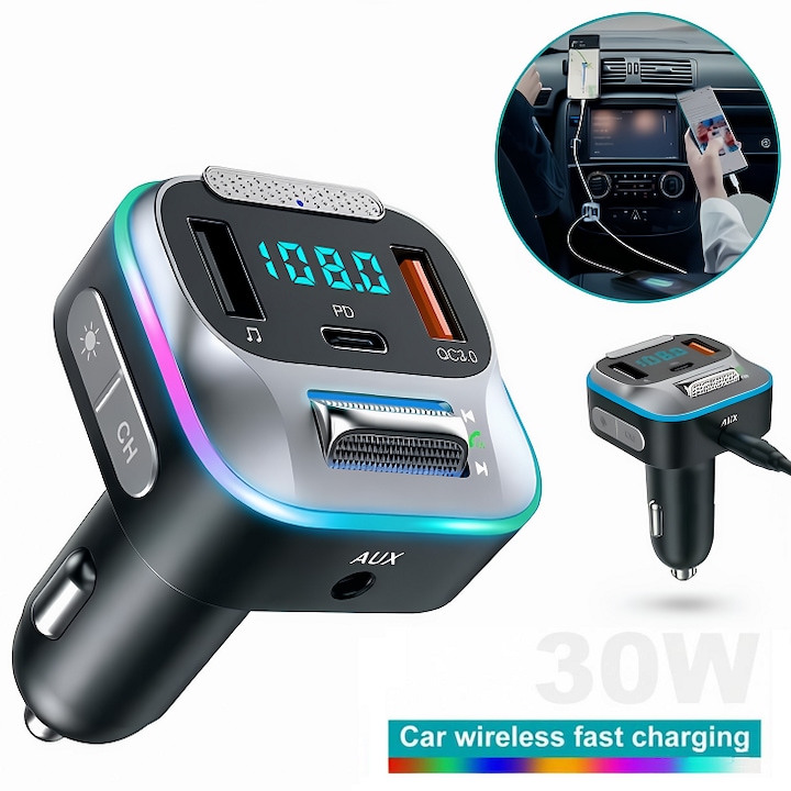 Modulator FM PC3.0, DACAI, Bluetooth 5.0, Transmitator FM cu functie de incarcator auto, Incarcare rapida, Port USB Type C, Port Auxiliar