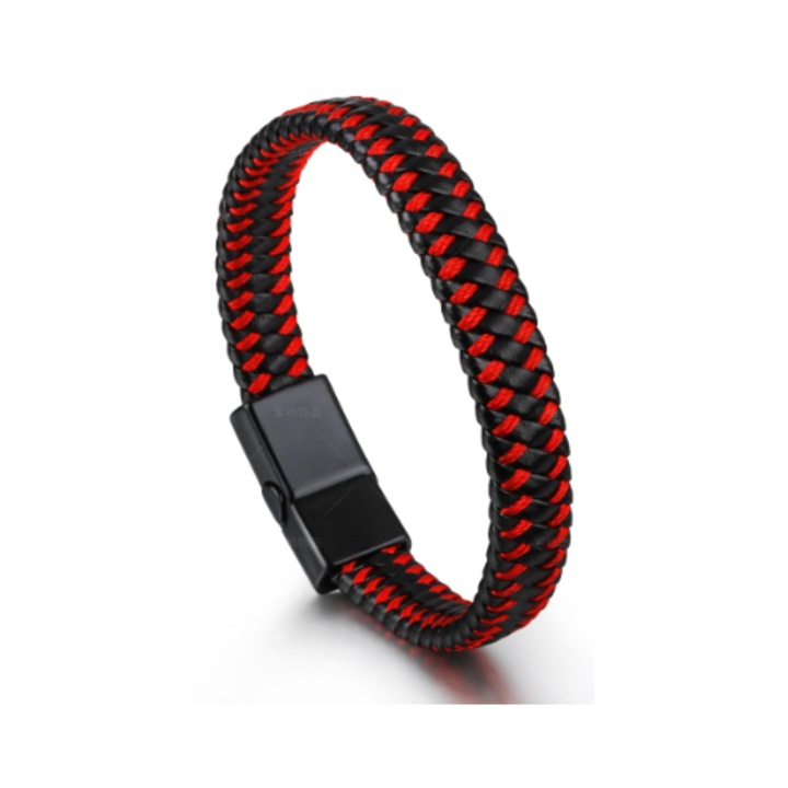 Bratara din piele pentru barbati, neagra-albastra, 21,5x1,2cm, cu inchidere magnetica