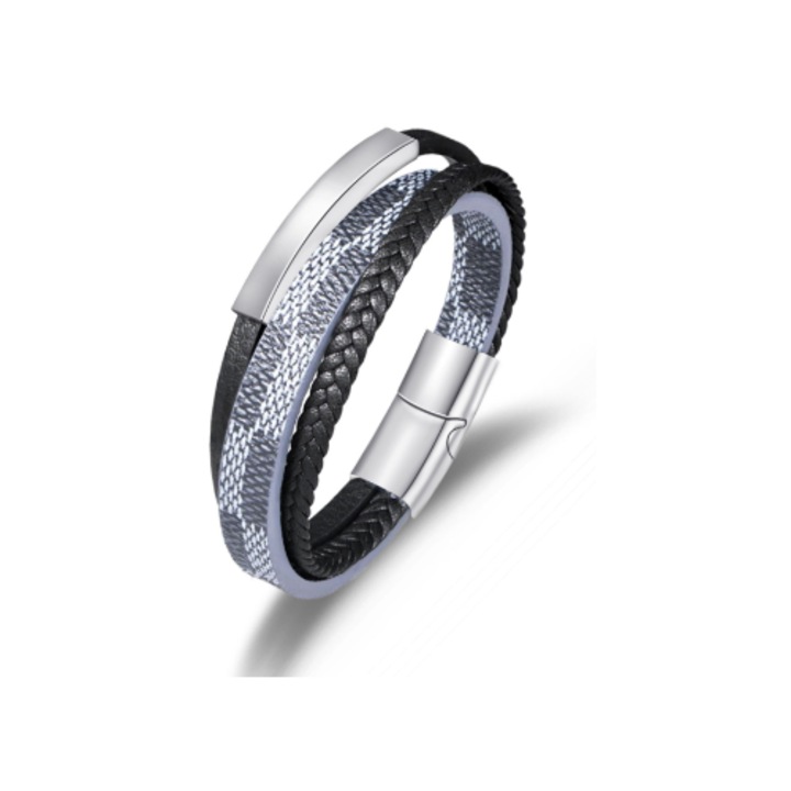 Bratara barbati 3w1 din ecopiele neagra si elemente din otel inoxidabil, inchisa cu inchidere magnetica, 21x2,3cm