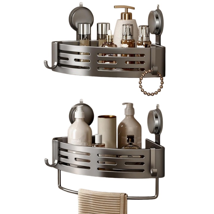 Set 2 rafturi de colt pentru baie cu ventuze, MunDeir®, Rafturi triunghiulare pentru dus, 29x22x5.5cm