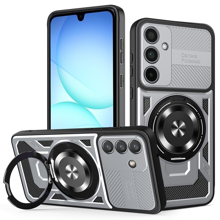 Husa pentru Samsung Galaxy A57 5G, SKYDDAR INNOVATION, RuggedCam, Inel magnetic, set cu sticker, Gri