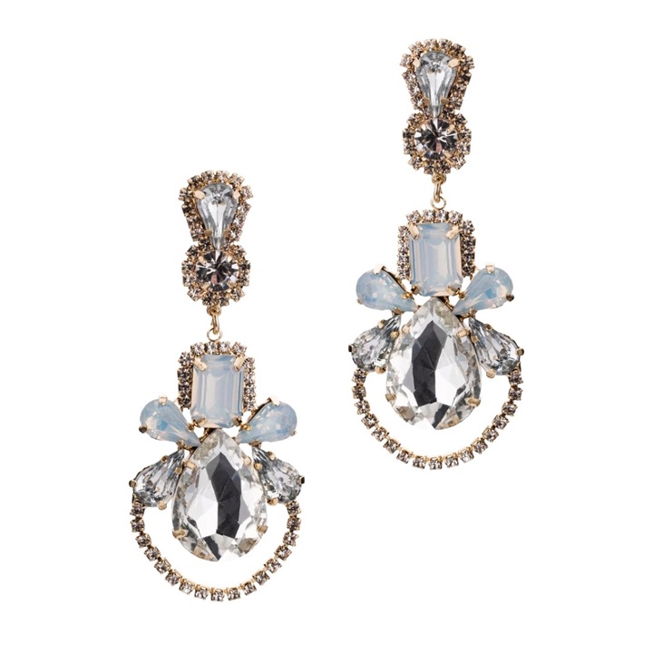 Cercei aurii opalescenti usori laptos zirconiu cristal clar, Cercei lungi suspendati aurii moda vizita eleganti nunta