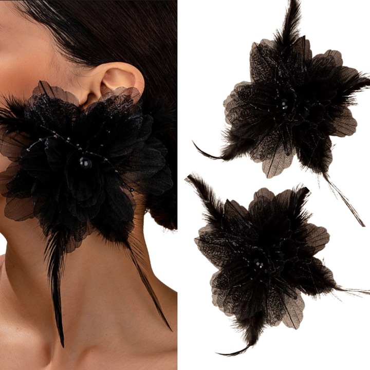 Cercei mari XXL cu flori si pene margele MATERIAL negri 3D, Negri deosebiti flori cercei XXL cu pene surub DE EFECT vizibili