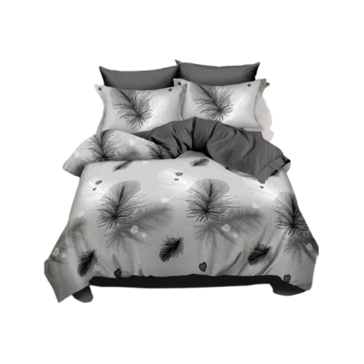 Lenjerie de pat, 2 persoane, 6 piese, imprimeu Pene, 240x250 cm
