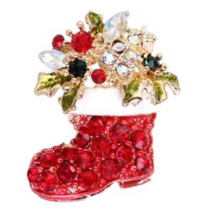 Brosa metalica rosie in forma de pantof de Mos Craciun cu cristale
