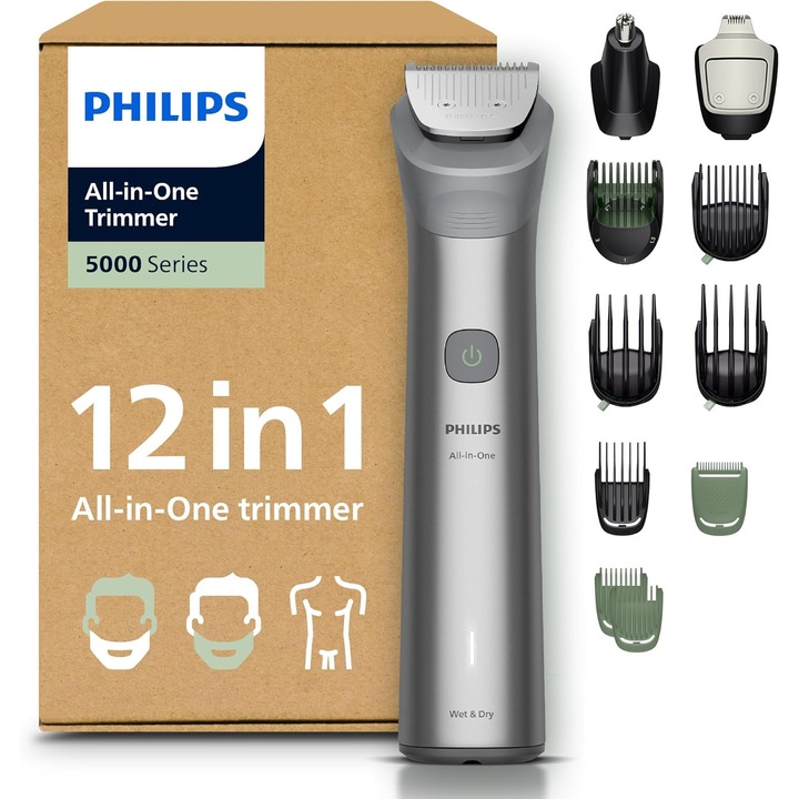 Тример мултифункционален PHILIPS All-in-One Series 5000 MG5952/30 с 12 аксесоара, самонаточващи се ножчета, 20 настройки за дължина, автономност 120 минути, сив