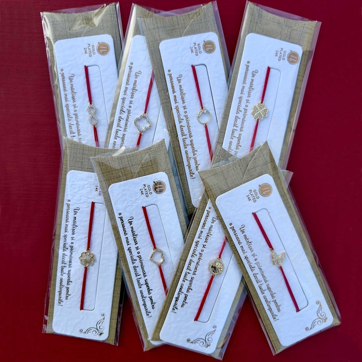 Mărțișor Brățară Alpha Shot Gold Plated Iris, 8 Bucăți, Snur Roșu, Modele Varietate