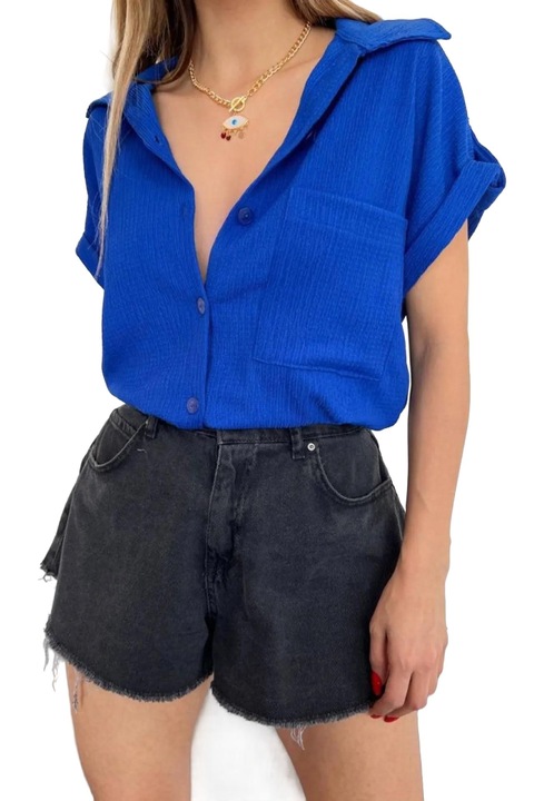 Camasa dama JANES, textil, maneca scurta, albastru