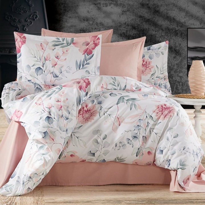 Dupla ágynemű, 100% szatén pamut, lepedő 240x270 cm, paplanhuzat 220x240, 4 részes, Különleges ágyneműk, Levelek és virágok