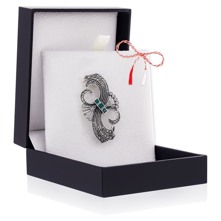 Brosa Argint 925 Fundita Stilizata - Green Agate